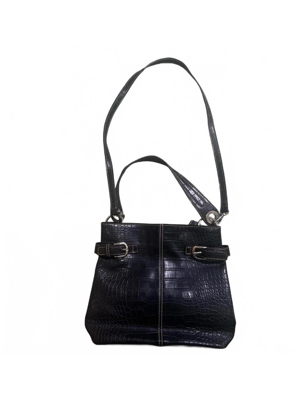Vintage Tommy Hilfiger Black Crocodile Embossed Leather Shoulder Bag with Silver